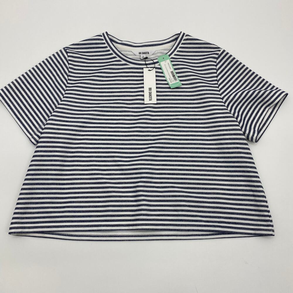 New BB DAKOTA Holloway Stripped Short Sleeve Knit Top Size L Boxy Nautical Shirt